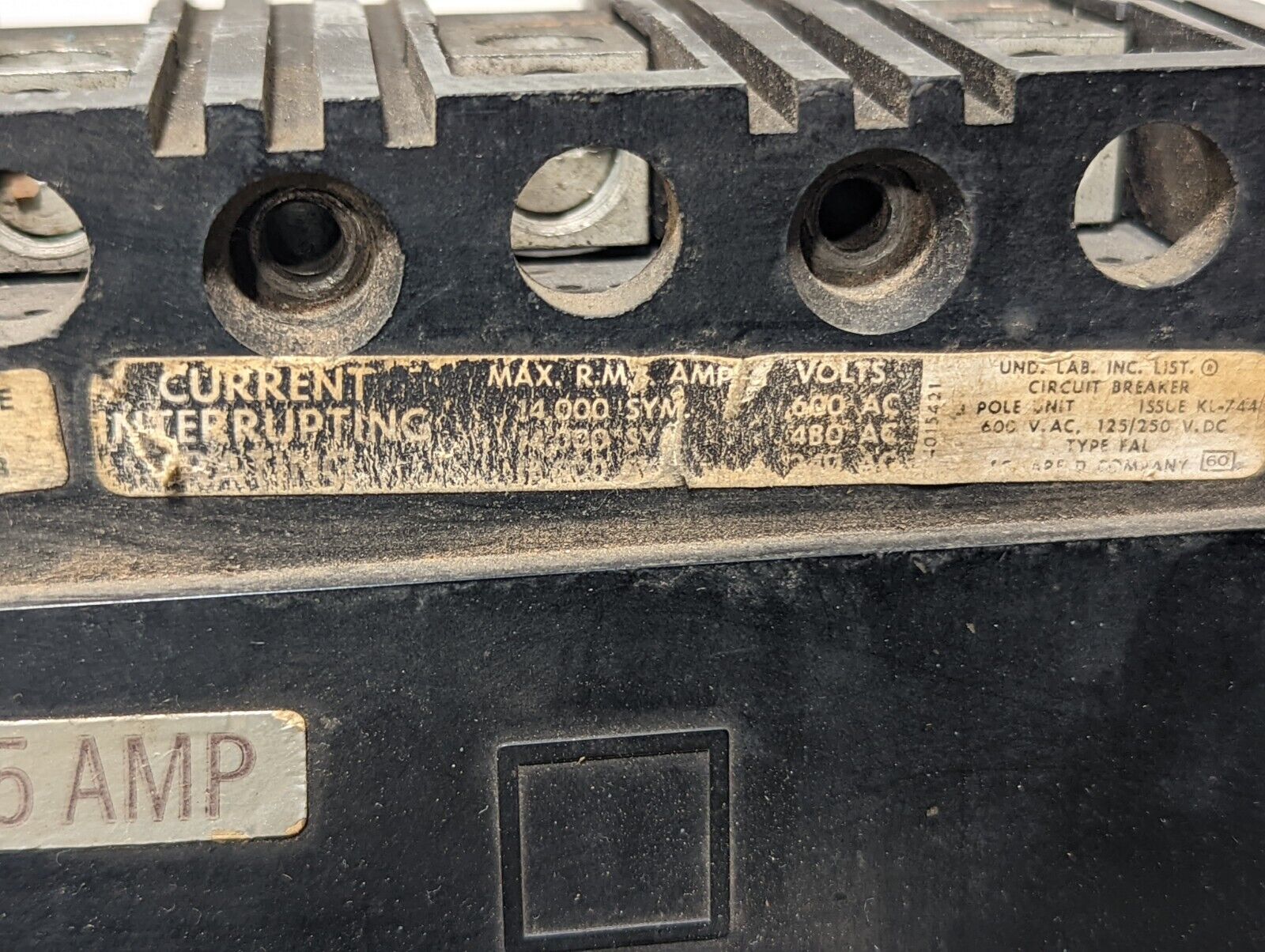 Square D FAL36015 circuit breaker, 15A, 3 pole, 600VAC, 125/250VDC