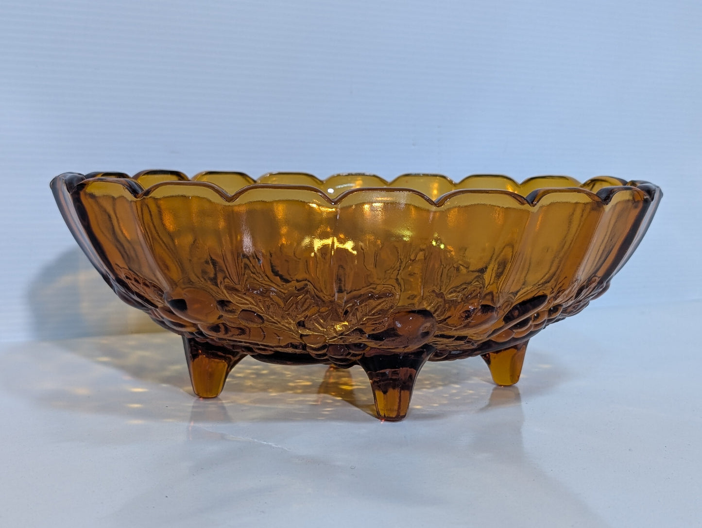 Vintage Antique Amber Gold Indiana Glass Scalloped Footed Fruit Bowl 12"