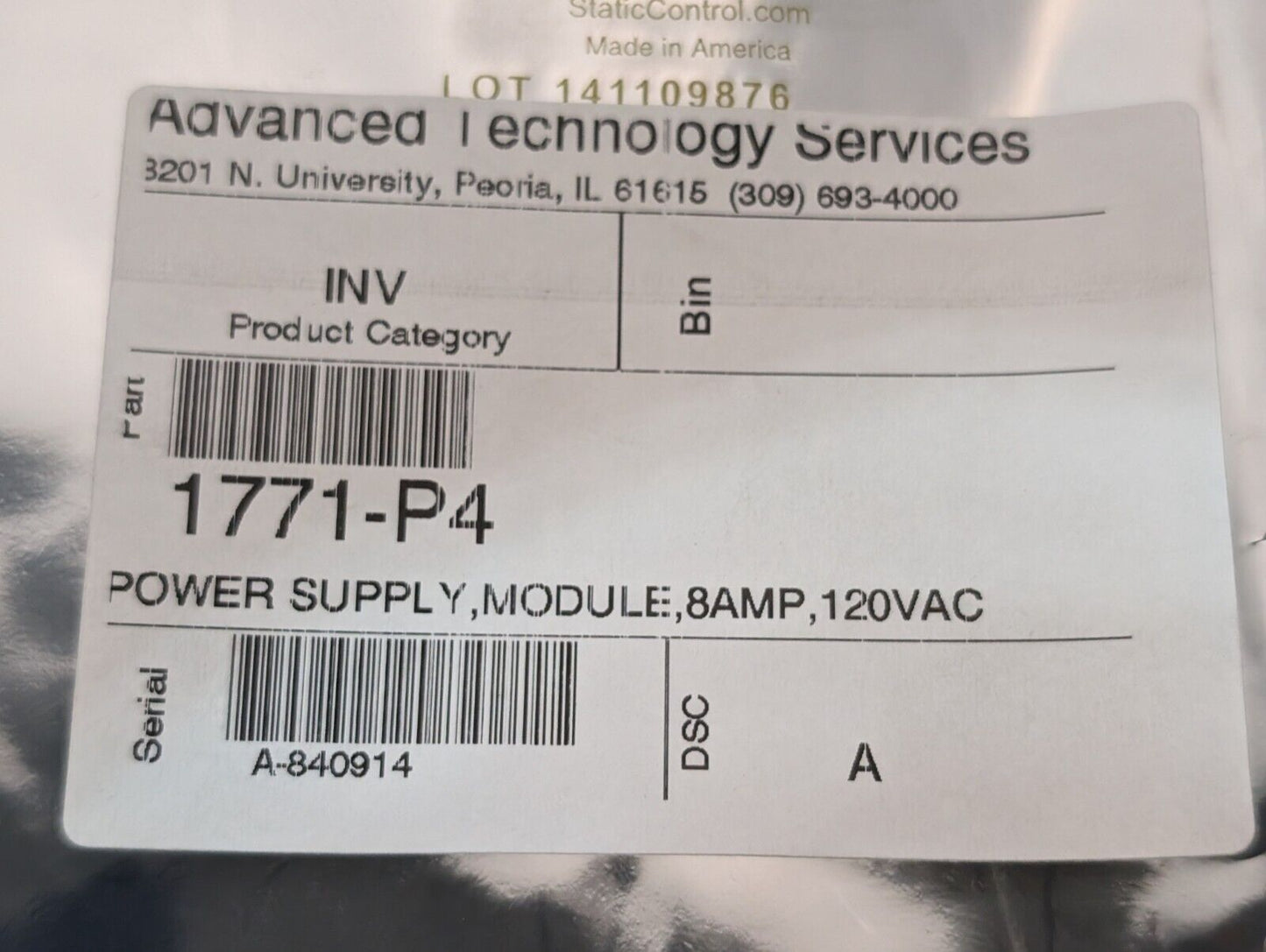 Allen Bradley 1771-P4 Power Supply Module, AC Input: 120VAC, DC Output: 8A