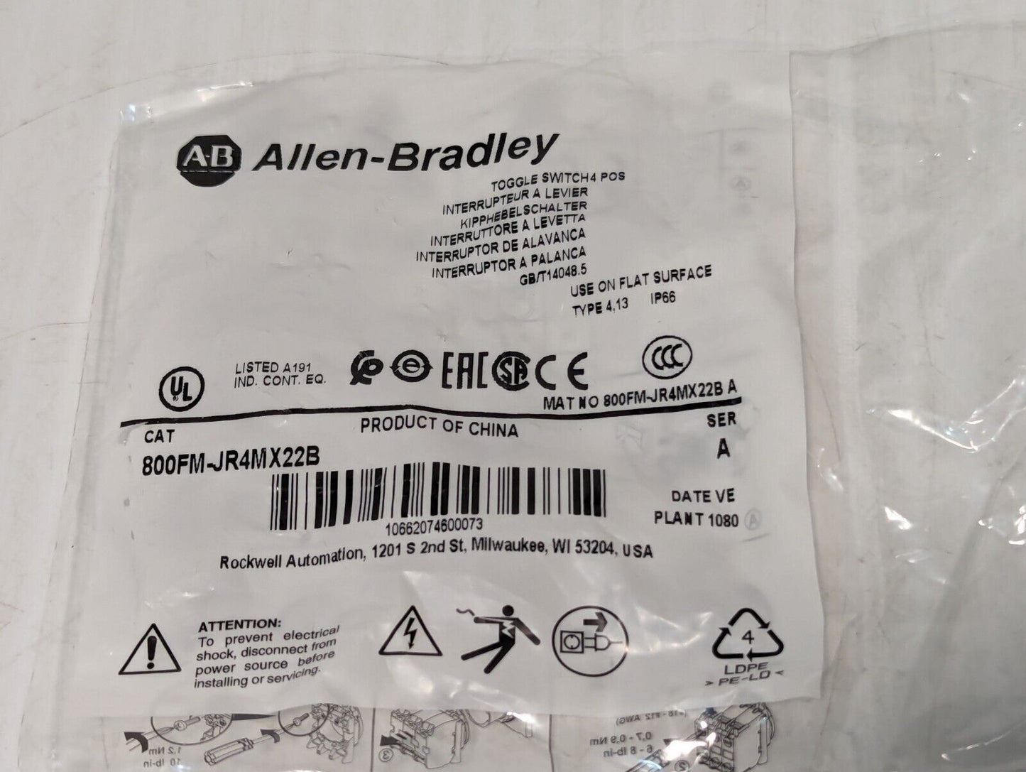 Allen-Bradley 800FM-JR4MX22B Toggle Switch 4 POS - Free Shipping
