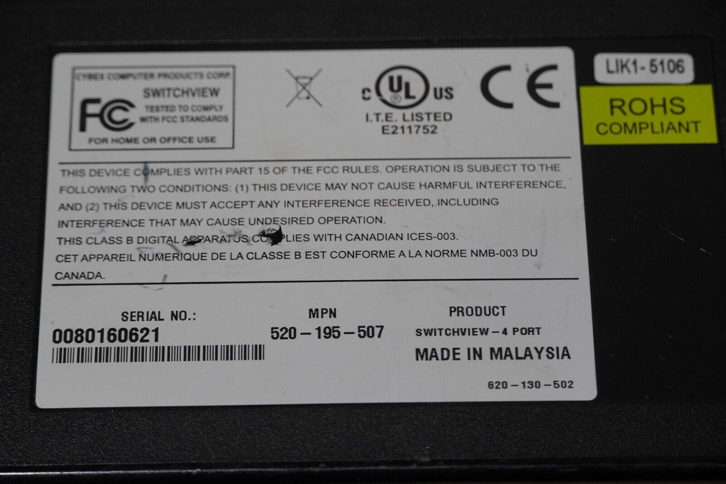 Avocent Switchview 520-195-507 4-Port KVM Switch Box PS/2 VGA, no power supply
