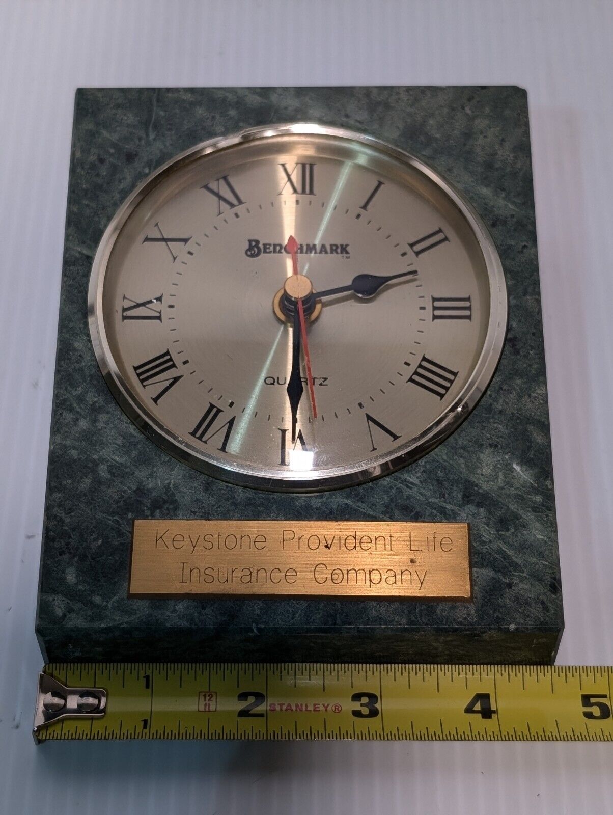 Vintage Benchmark Desk Clock in Green Granite, Keystone Provident- Free Shipping