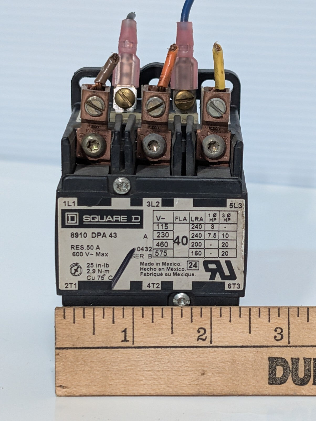 Square D 8910DPA43 Definite Purpose Contactor 50A Res, 40A, 3 Pole, Box Lug Term