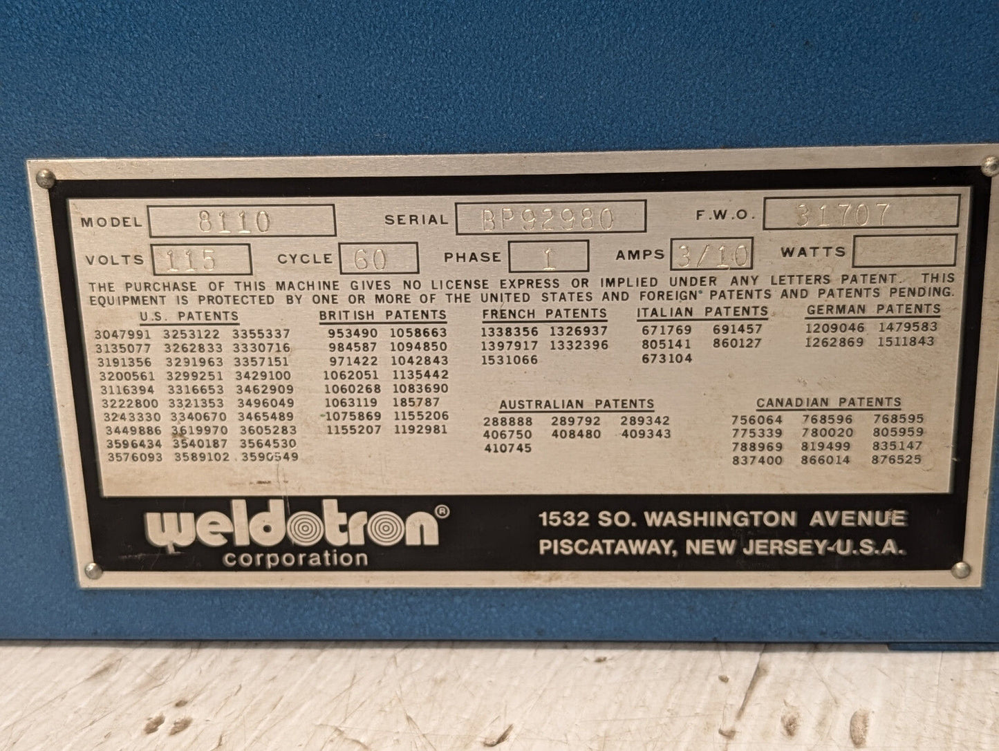 Weldotron Corporation 8110, 1 phase, 60 cycle, 115 V, Made in USA, Free Shipping