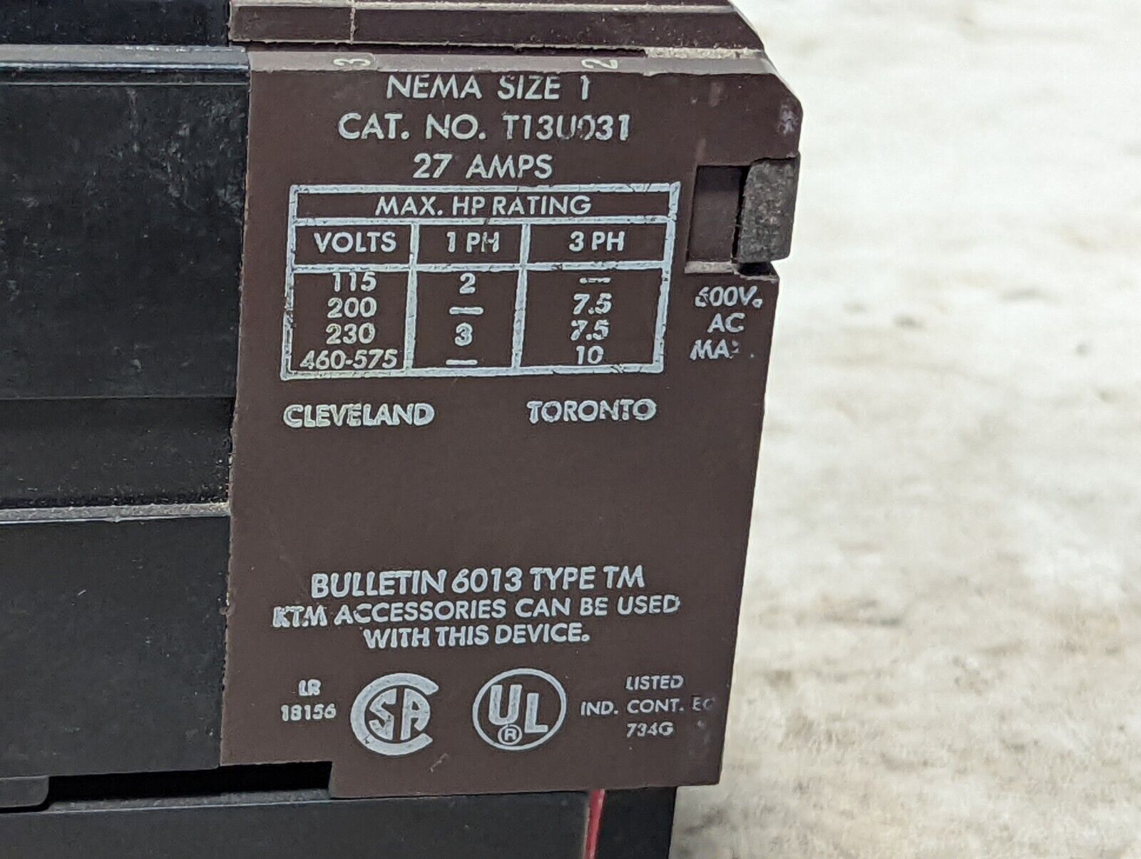 Sylvania T13U031 contactor, bulletin 6013, type TM, 115VAC, 110/120VAC, 2HP max