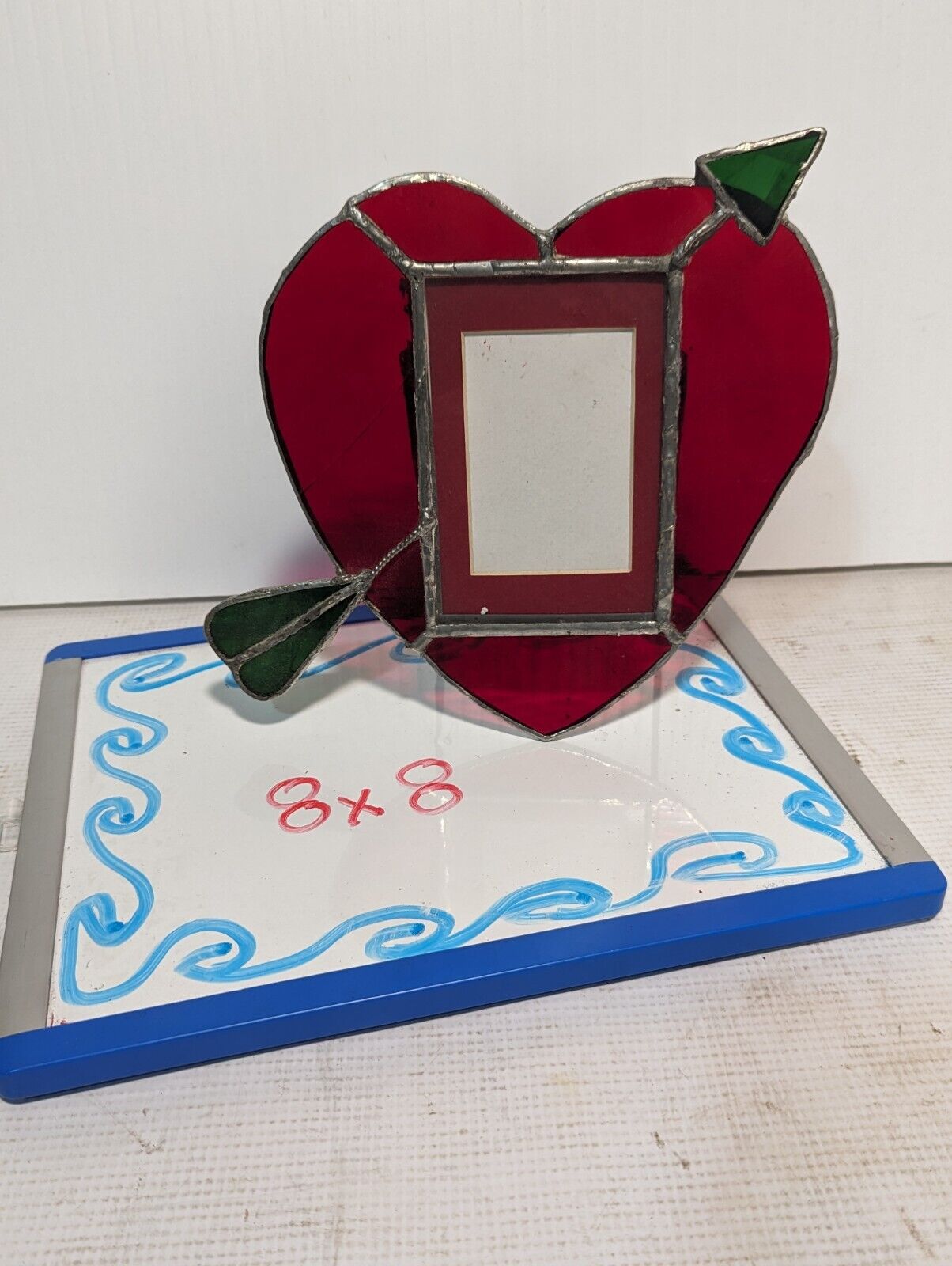 Stained Glass Picture Frame Sweetheart, red heart, green arrow - Free Shipping