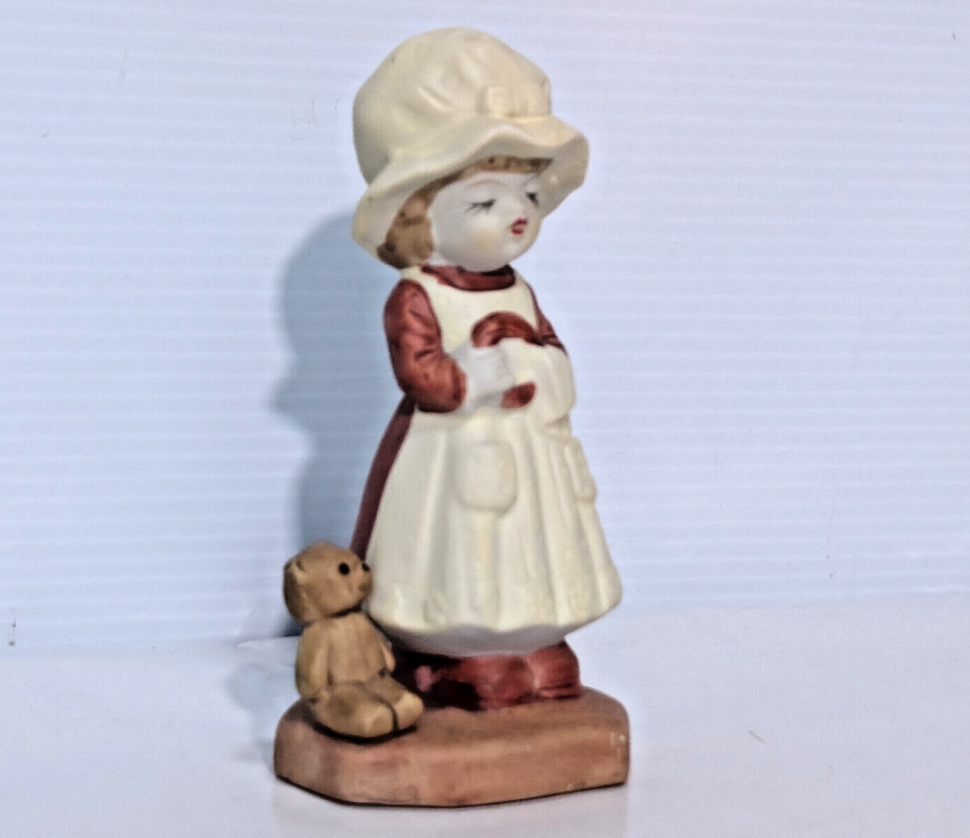 Vintage Ceramic Figurine Girl, Teddy Bear, Chores, Bonnet, Holly Hobbie, 1970s