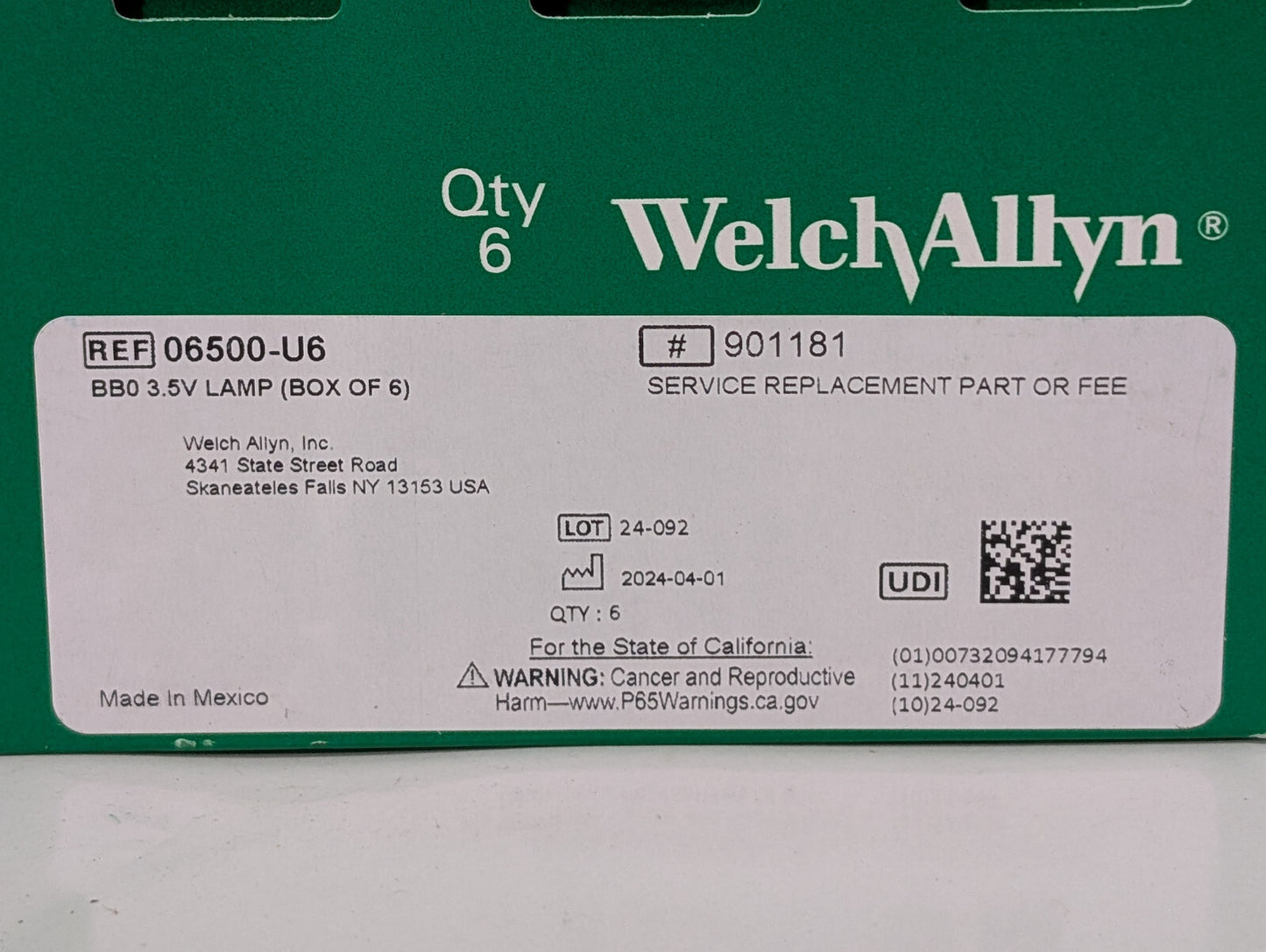 Welch Allyn 06500-U6 Replacement BB0 3.5V Halogen Lamp Otoscope Bulbs 901181 6Pk