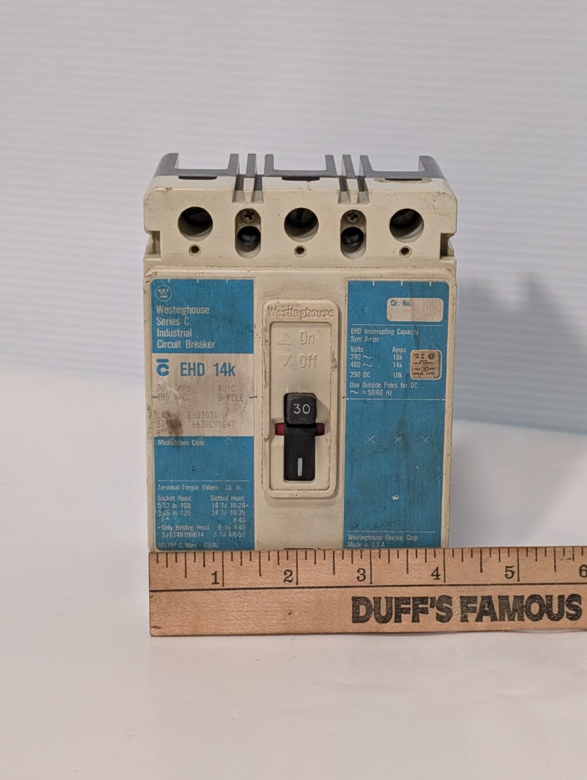 Westinghouse EHD3030 Industrial Circuit Breaker, 3 Pole, 30 Amp, 480vac, 14kA