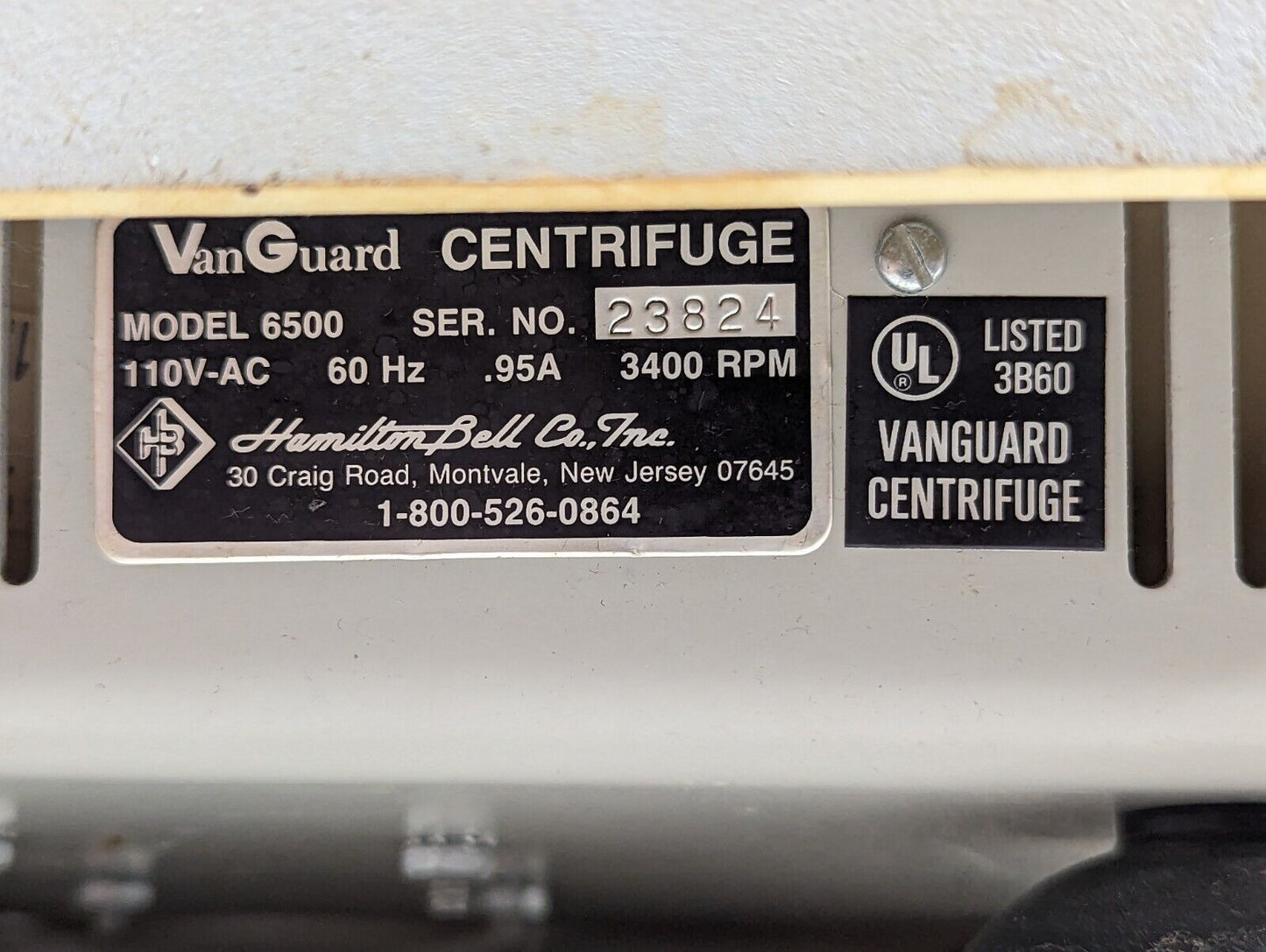 VanGuard V6500 centrifuge, 3400RPM, 110VAC, 60Hz, 0.95A, model 6500