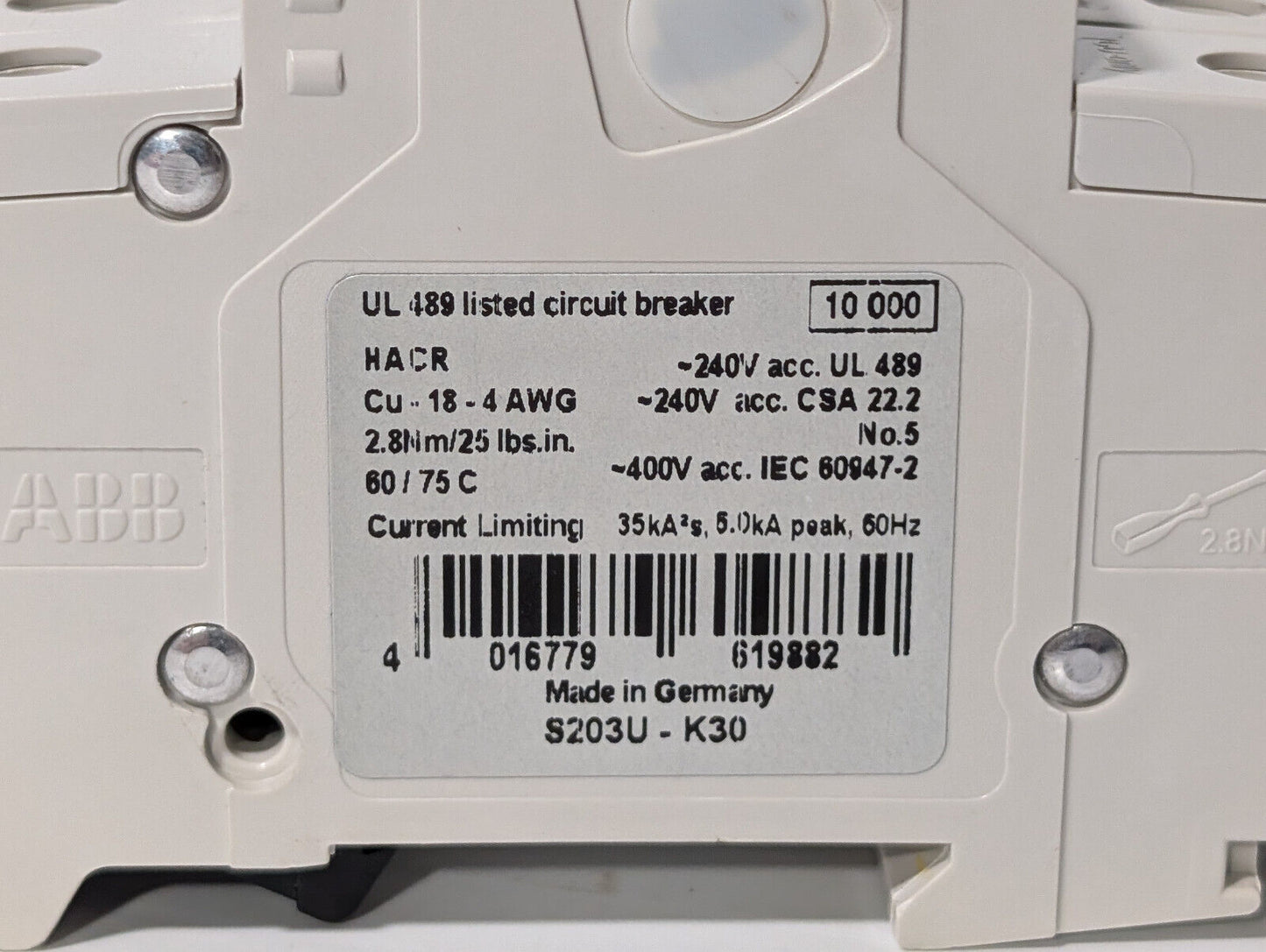 ABB S203U-K30 Circuit Breaker, 3-Pole, 30 A, 162K861H01, 240 VAC, 50/60 Hz