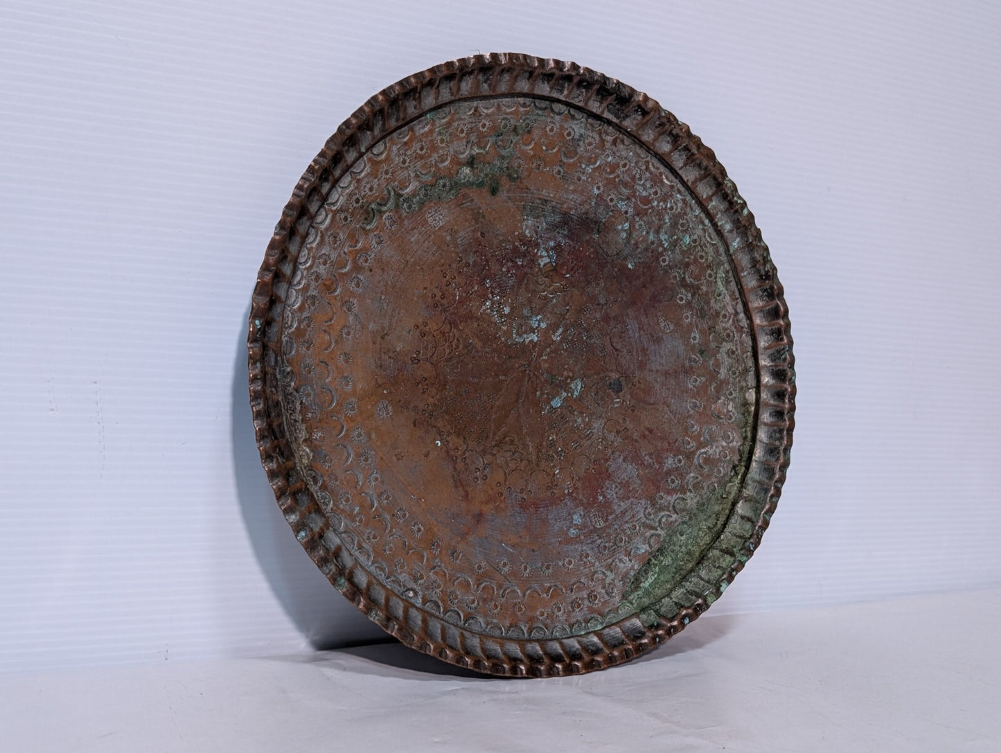 Vintage Hammered + Etched Copper Tray, Possibly Persian or Syrian, 13" Diameter