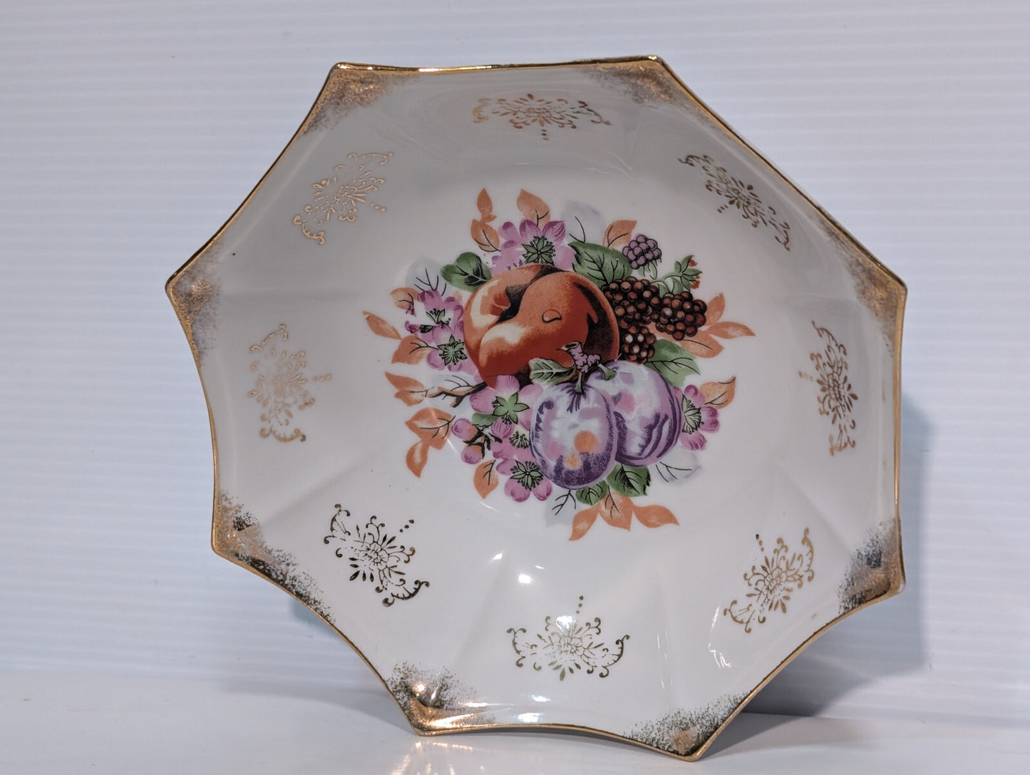 Vintage Antique Victorian Porcelain Bowl Plum Nectarine Berry Fruit Gold Tone