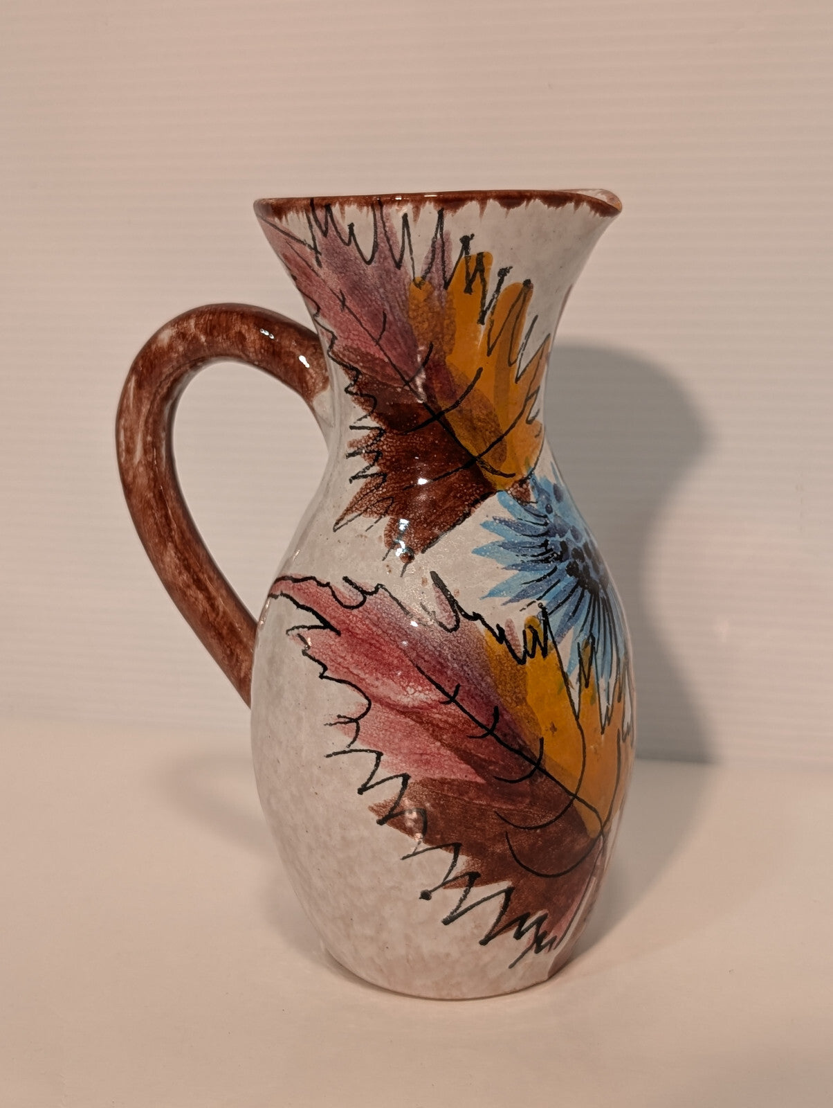Vintage Mid Century 50s Florentine Original Handpainted Leaves Art Pitcher Vase