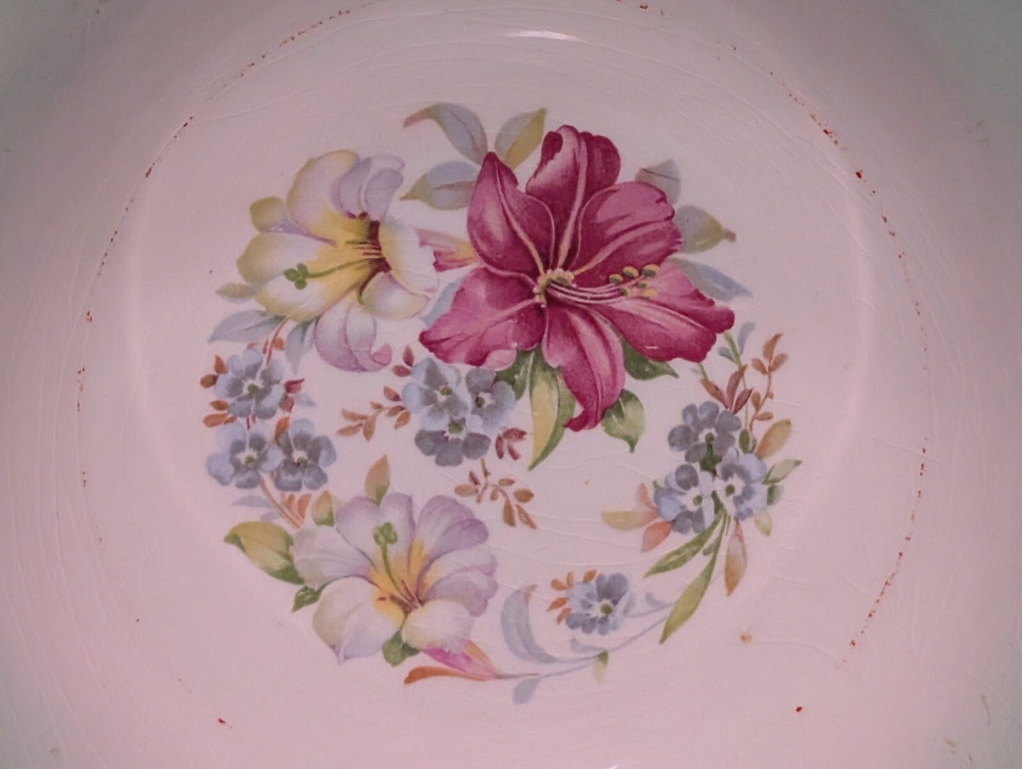Vintage Porcelain Green + White with Floral Bouquet Serving Bowl 9 1/2" Diameter