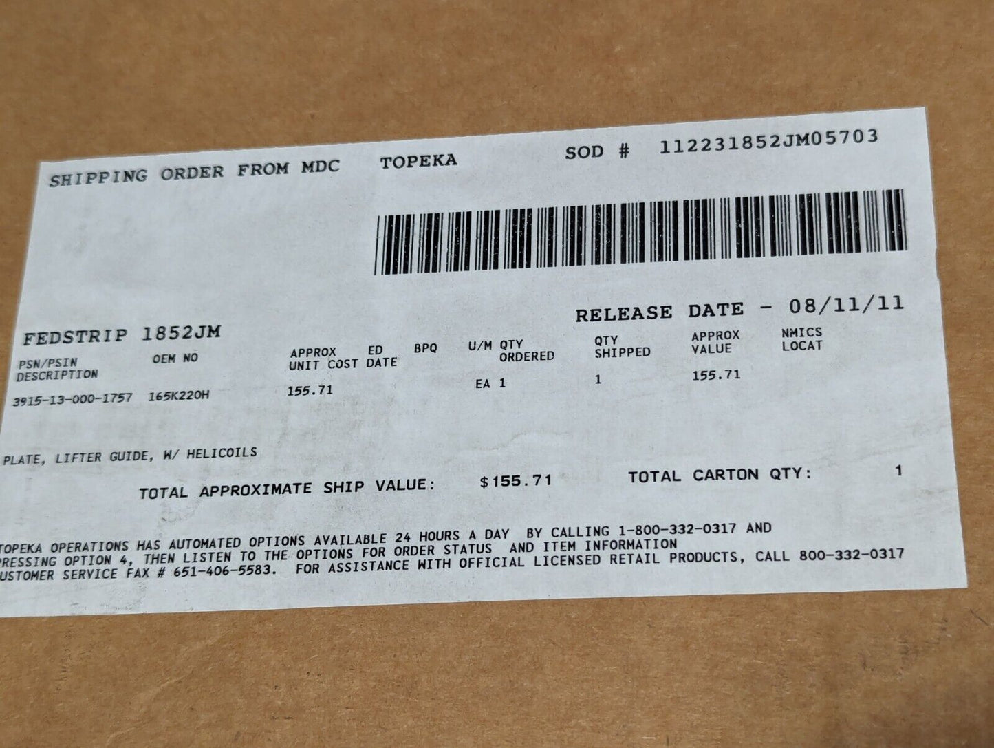 *Read* 3915-13-000-1757 165K220H Lifter Guide Plate w/Helicoils - Free Shipping