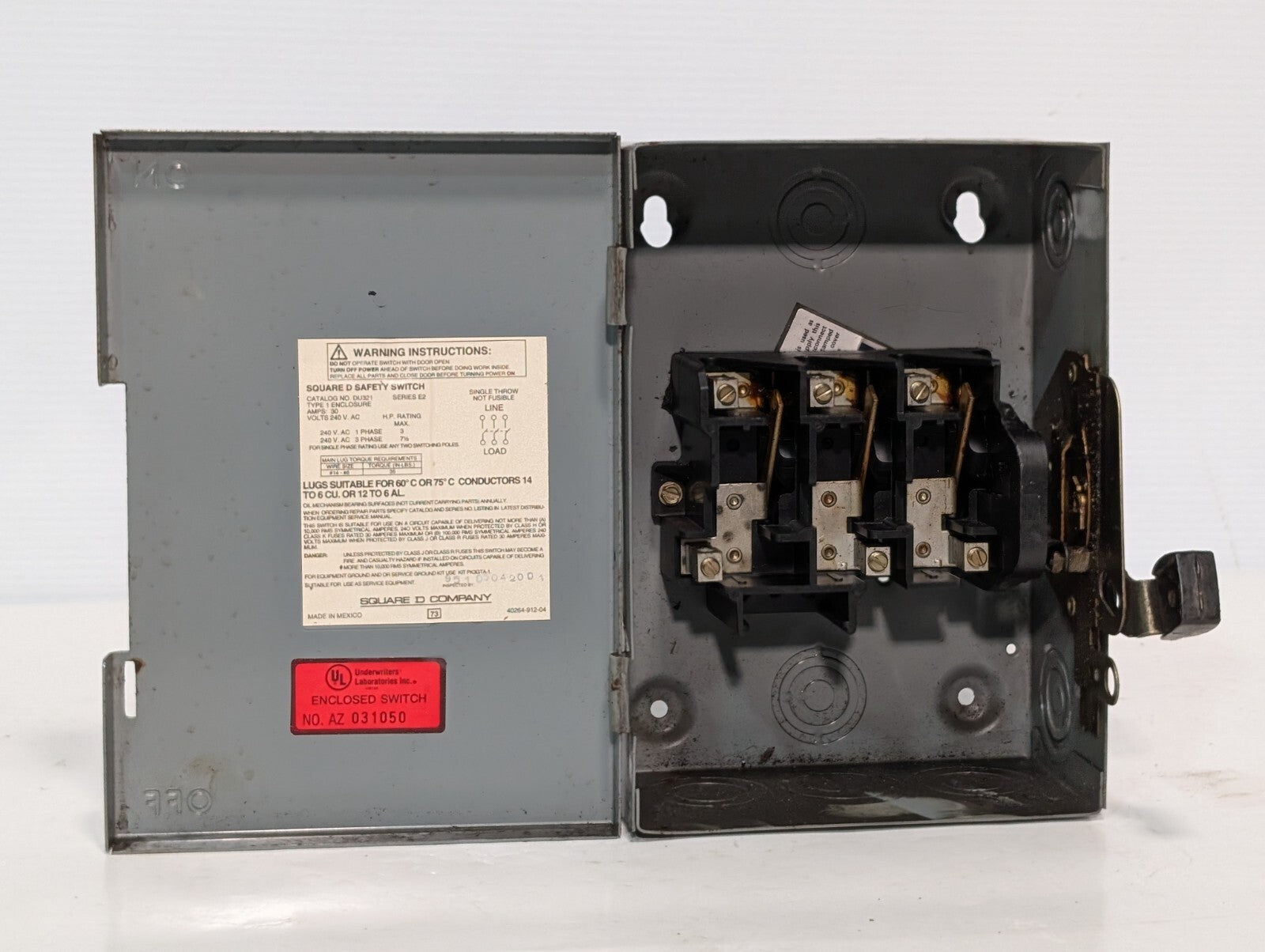 Square D DU321 Safety Switch: Non-Fusible, 30a, 240vac, 3Ph, Galvanized Steel