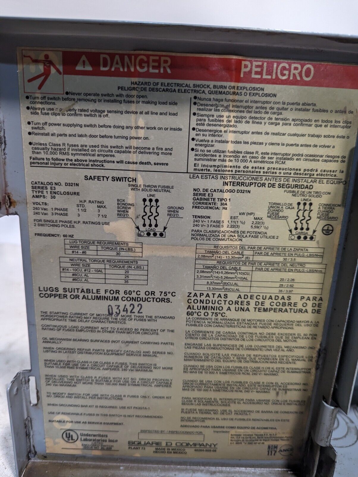 Square D D321N Single Throw Fusible Safety Switch, 30A, 240VAC