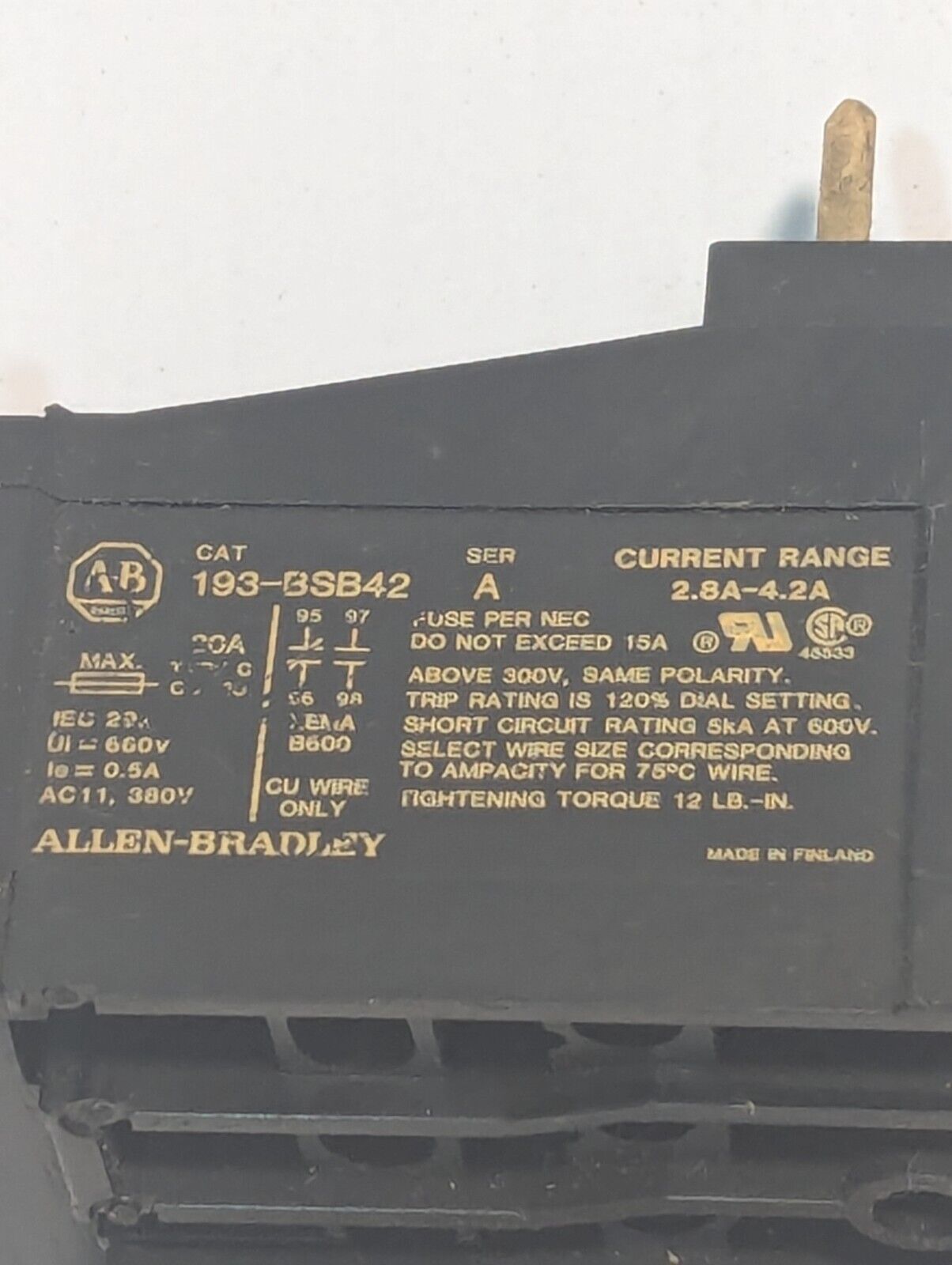 Allen-Bradley 193-BSB42 Ser A Overload Relay - Free Shipping