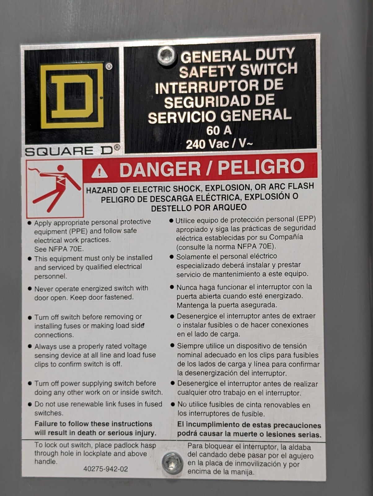 Square D D322N General Duty Safety Switch Fusible 60A 3PH 240VAC FRN-R-35 Fuses