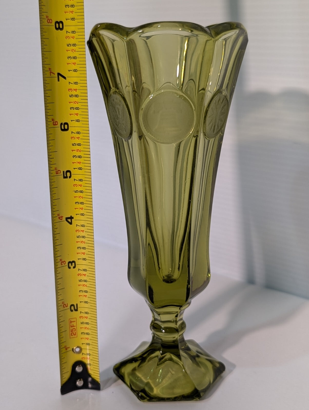 Vintage Fostoria 6-Sided Olive Green Glass American Liberty Coin Bud Vase 8"