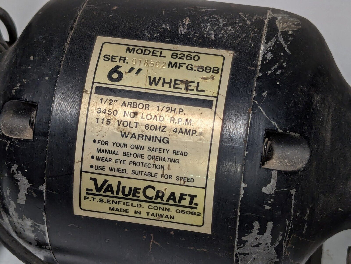 Value-Craft 8260 Bench Grinder, 6" Wheel, 4A, 115V, working, as pictured