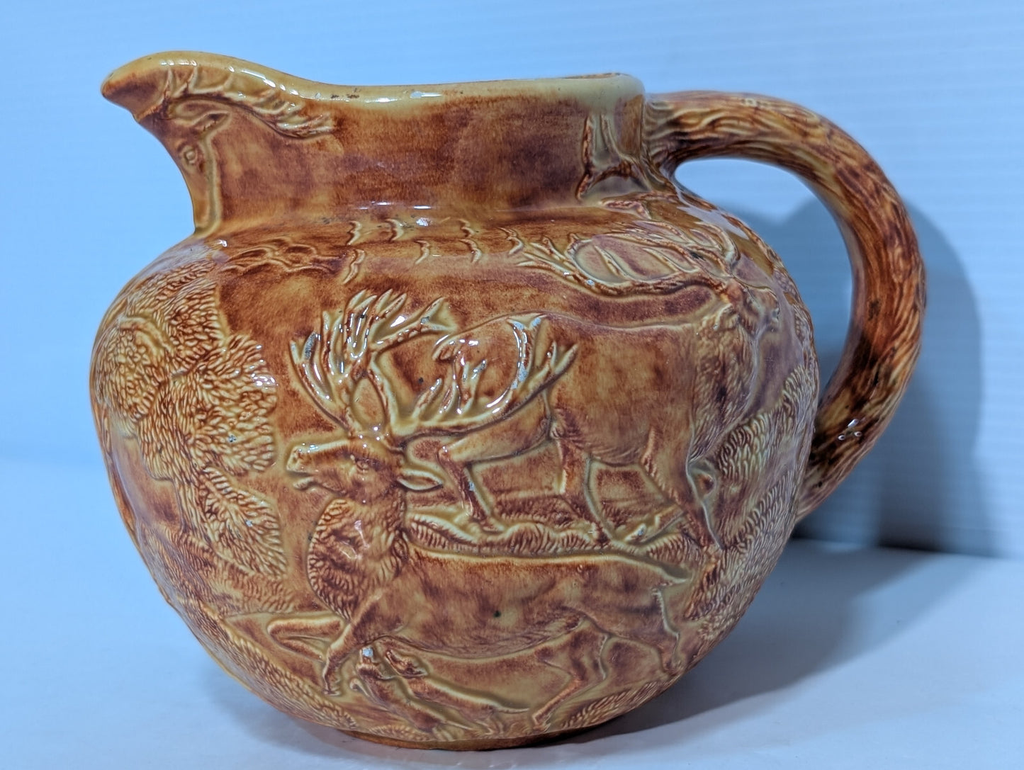 Vintage Brown Glazed Pottery Pitcher Elk, Deer, Buck, Hunters, Forest Wood Scene