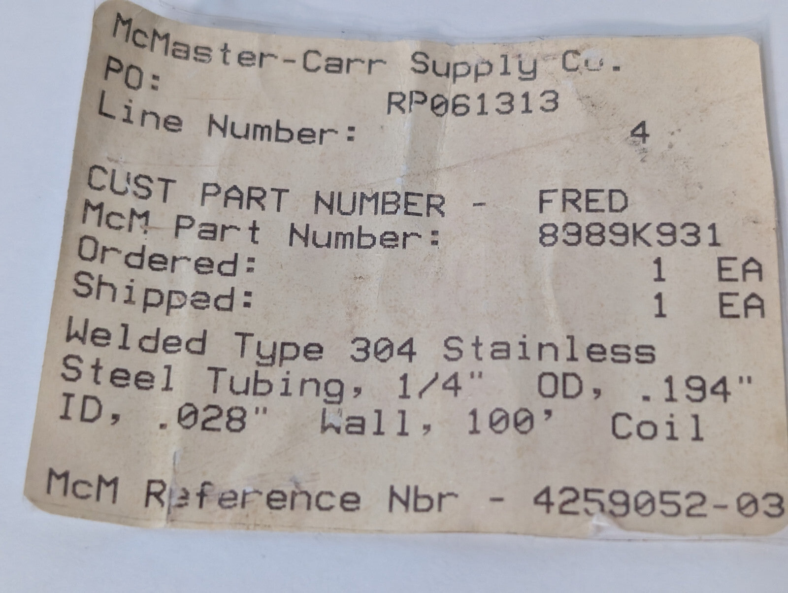 McMaster-Carr 8989K931 Welded Type 304 Stainless Steel Tubing 1/4"OD, 100ft Coil