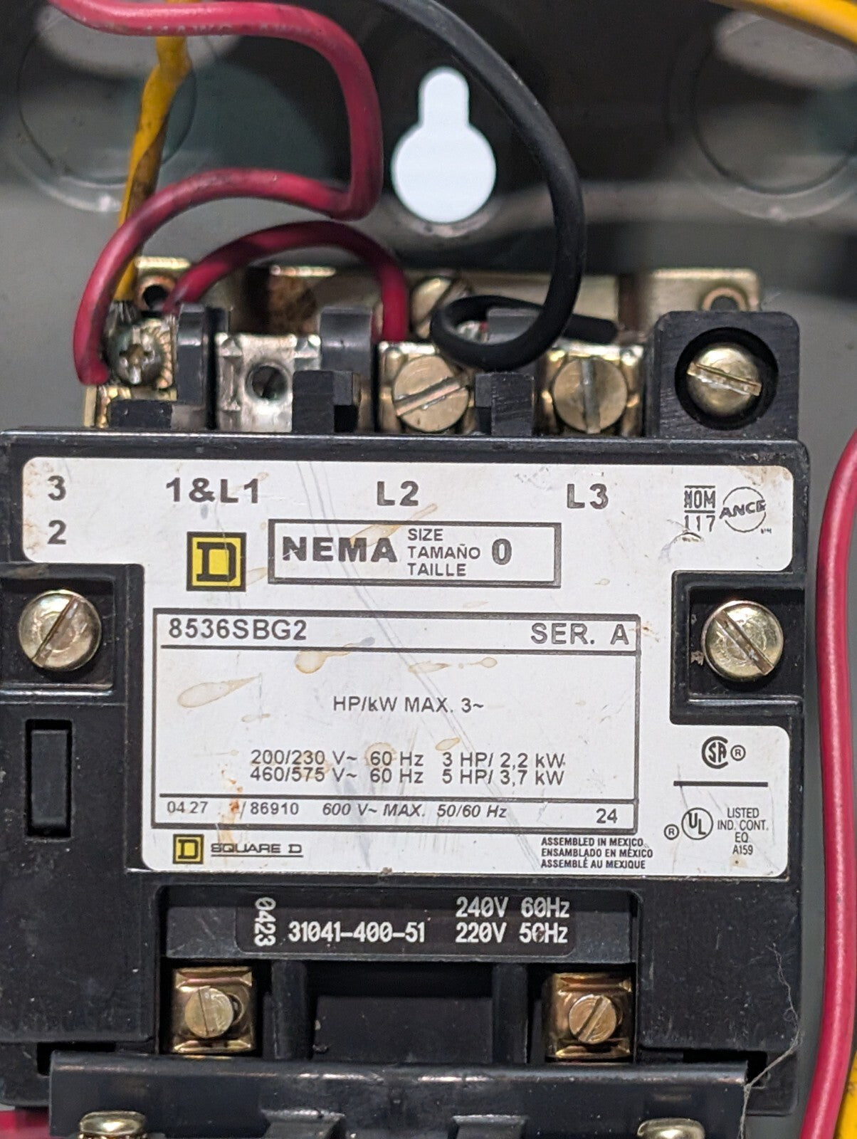 Square D 8536SBG2 Magnetic Motor Starter, Series A, NEMA 0, 480vac Coil, 18A