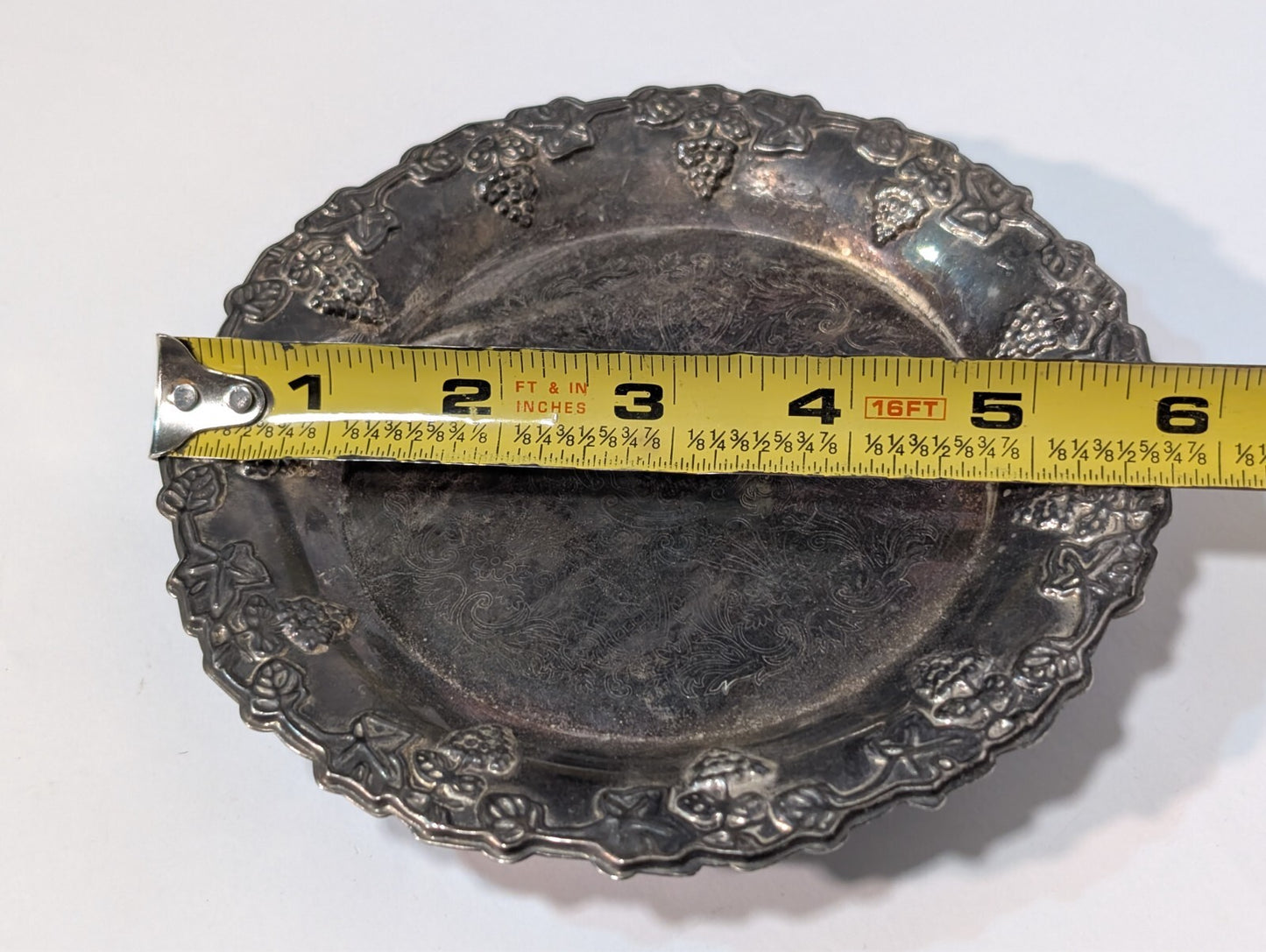 Vintage Bugle Candlestick 9" and Silver Plated Tray with Grapes, Sheffield 6"