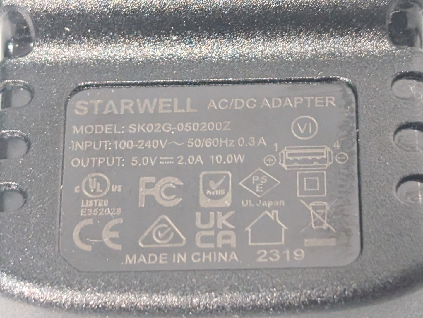 Starwell SK02G-050200Z AC/DC Medical Adapter, Input 100~240vac, Output 5vdc