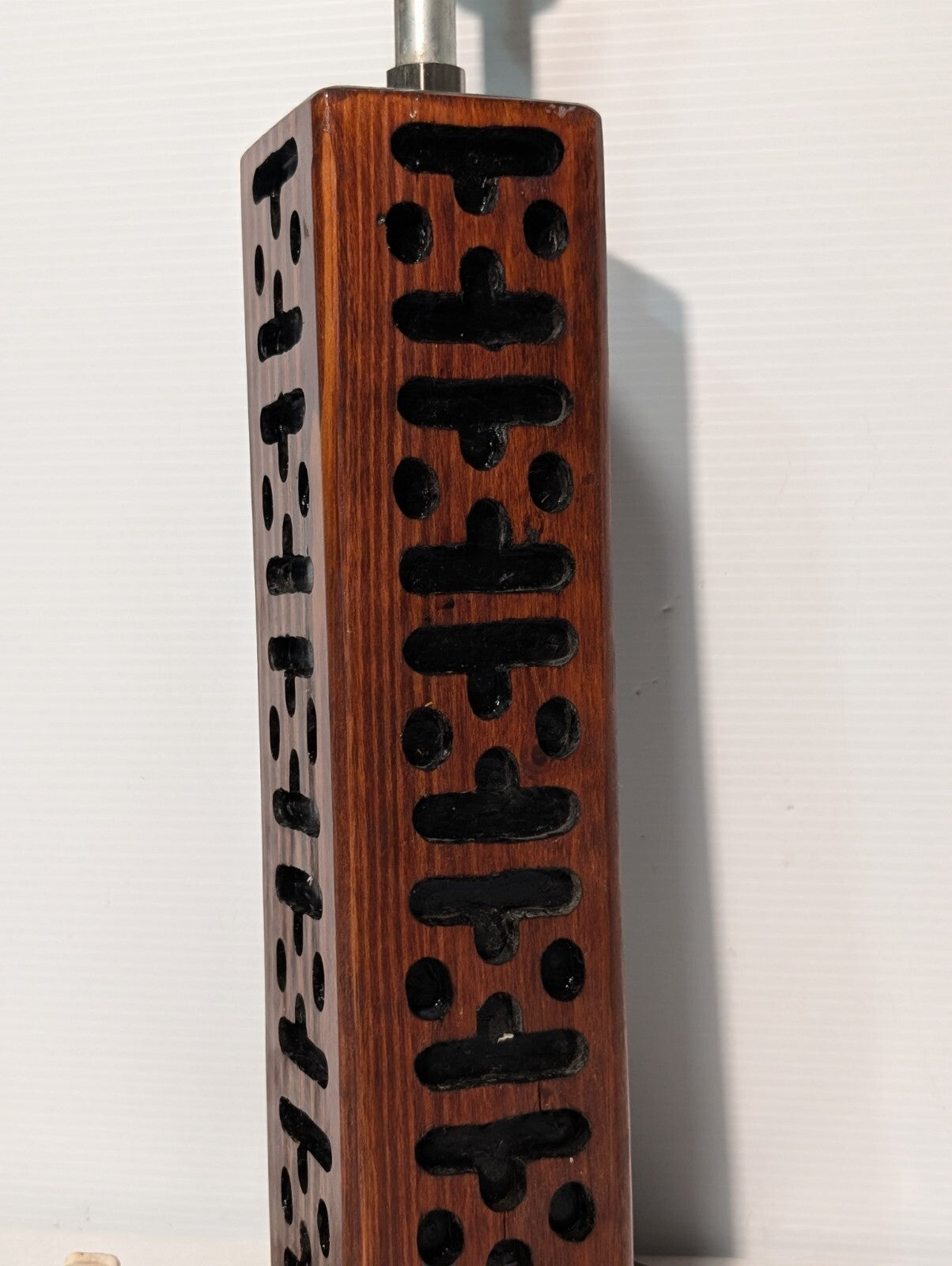 Vintage Wooden Table Lamp With Engraved Pattern 21" Tall 7" Wide Base