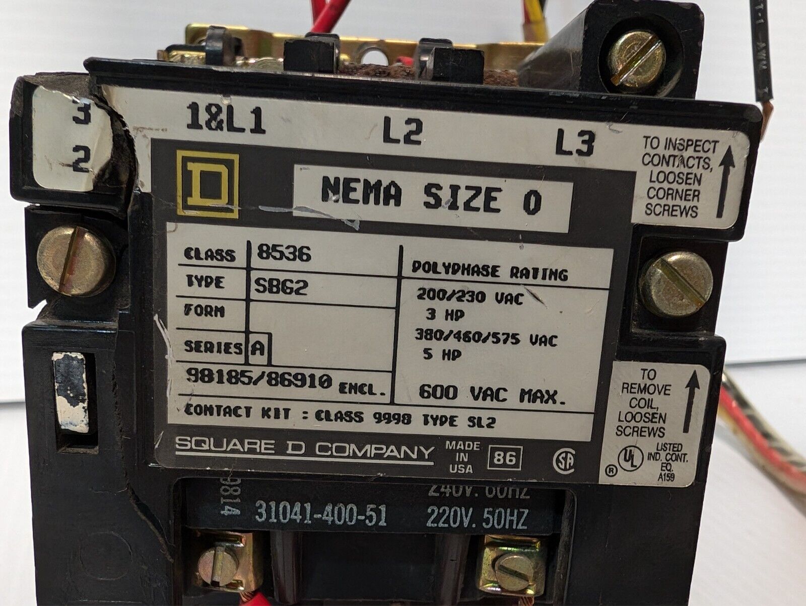 Square D 8536SBG2 motor starter, NEMA sz 0, 3HP, 220/240VAC coil