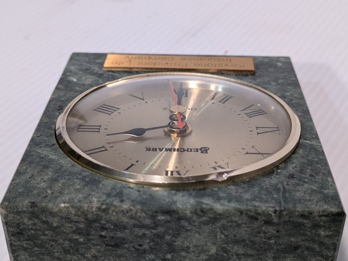 Vintage Benchmark Desk Clock in Green Granite, Keystone Provident- Free Shipping