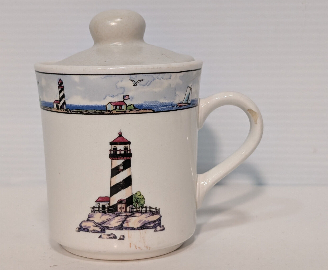 Vintage Lighthouse Maritime Sailboats Ceramic Stonewear Lidded Tea Coffee Mug