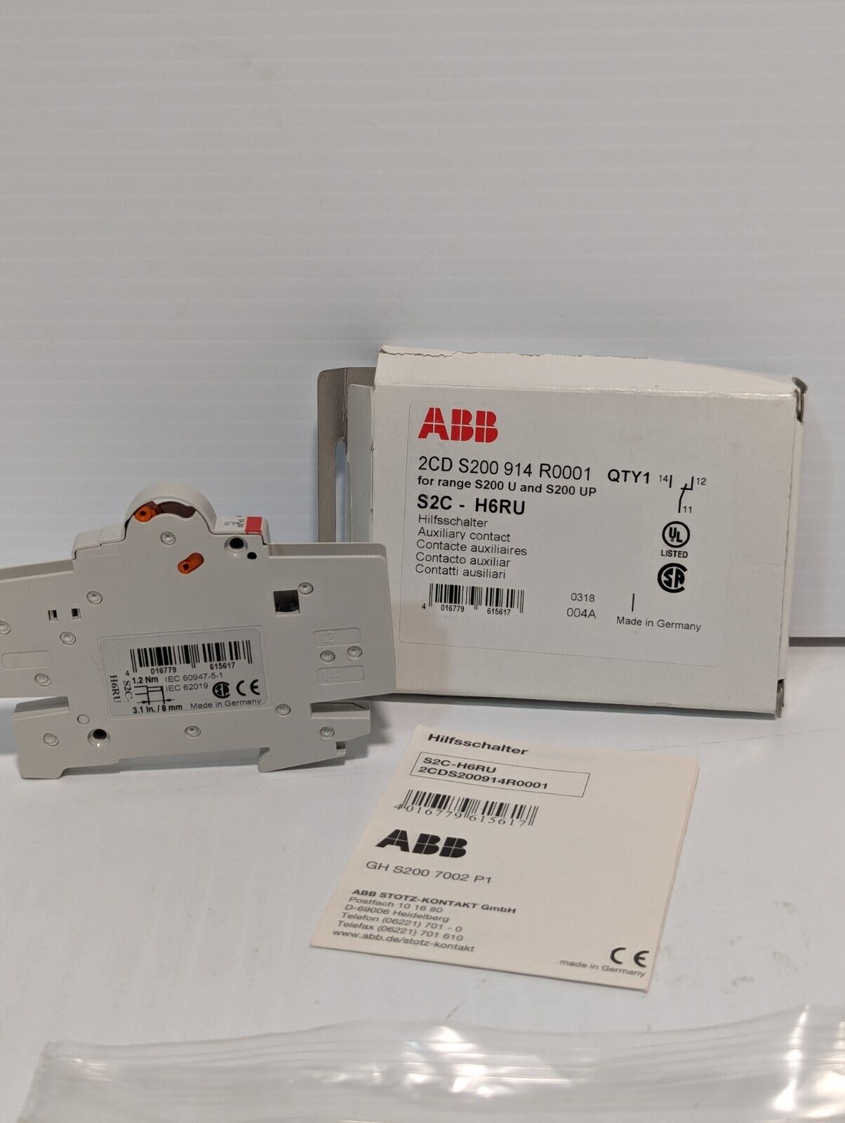 ABB S2C-H6RU Auxiliary Contact NO/NC/ F/S20X-K CB 161K438H01 - Free Shipping
