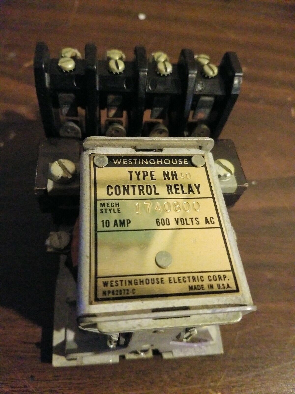 Westinghouse Type NH40 Control Relay, Mech Style 1740800, 10 amp, 600VAC