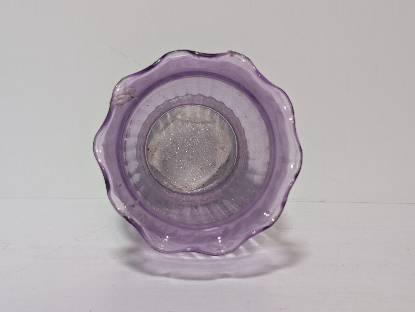 Vintage Lilac Spiral Pattern Scalloped Edge Translucent Vase, 6.5”H x 3.5"Dia.