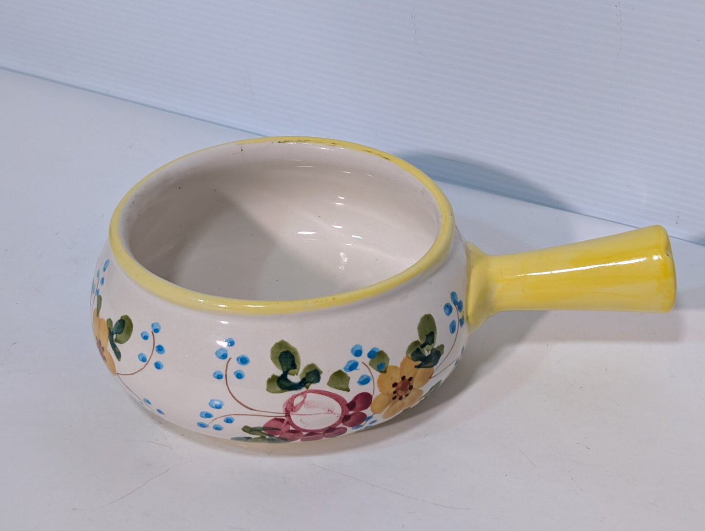 Vintage Hand Painted Soup Crock Pot Ceramic Dish Flowers Yellow Blue Green Berry