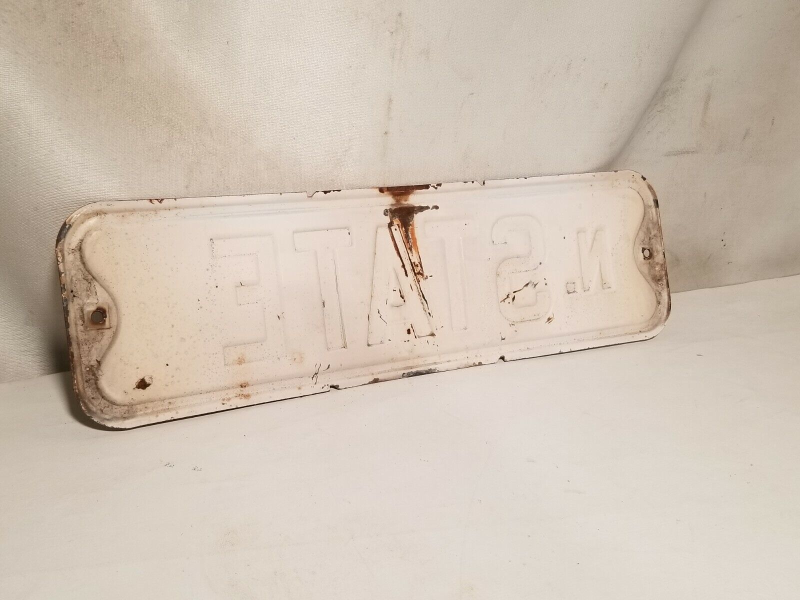 State Street Sign, North State, black and white, some rust, embossed