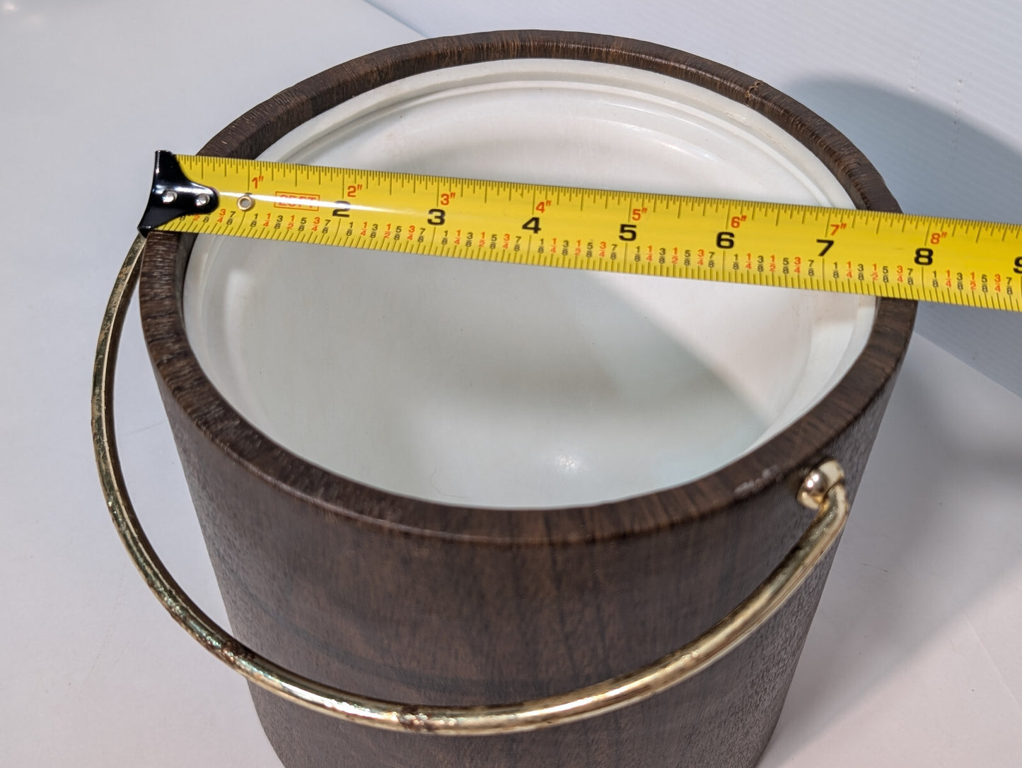 Vintage 1970s Party Ice Bucket Vinyl Faux Wood Grain Gold Handle, No Lid