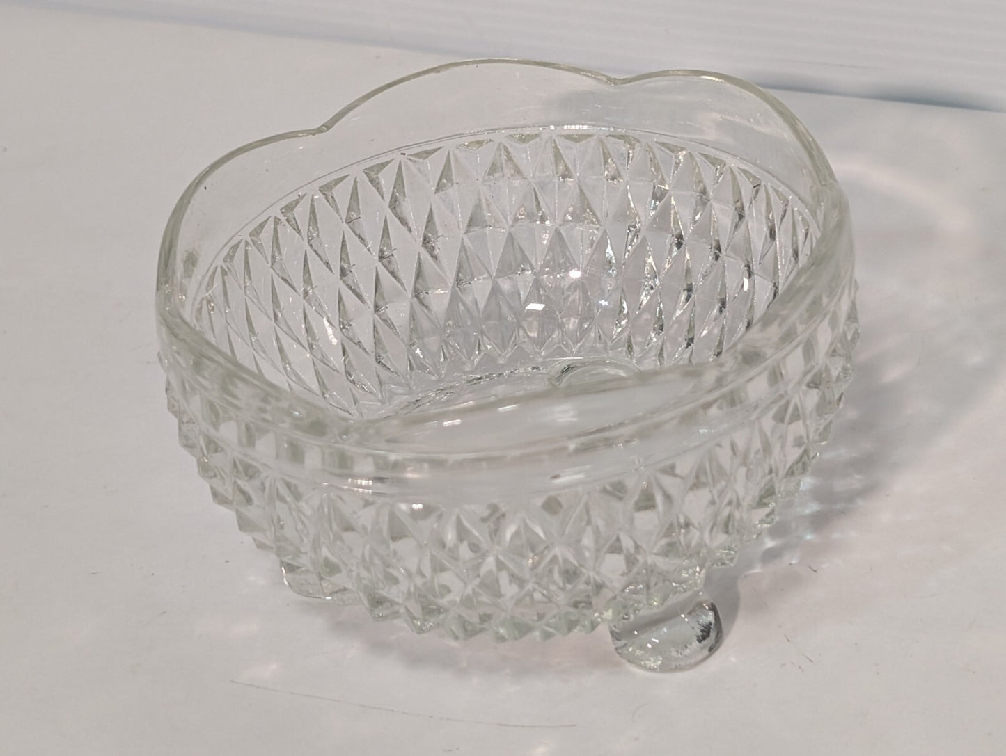 Vintage Indiana Glass Clear Diamond Point 3 Toed Candy Dish 5” x 3”