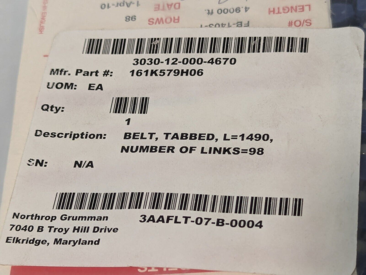 Intralox ser. 1100 acetal/nylon belt, 1.8 inches wide, 4.90 ft long, 98 rows