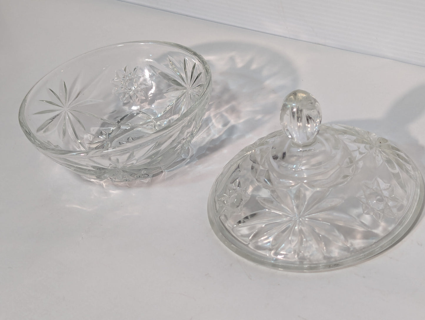 Vintage Antique Crystal Clear Glass Candy Dish, Snack Jar, Lid, Starburst Design