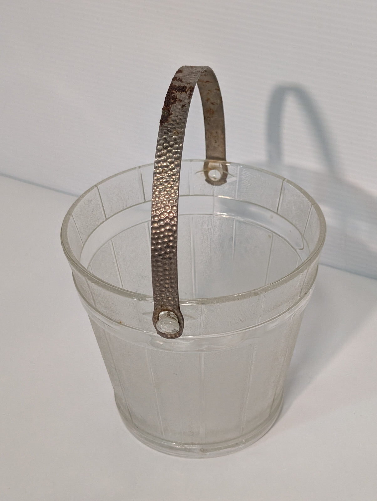 Vintage Mid Century Clear Glass Barrel Ice Bucket Hammered Gold Handle