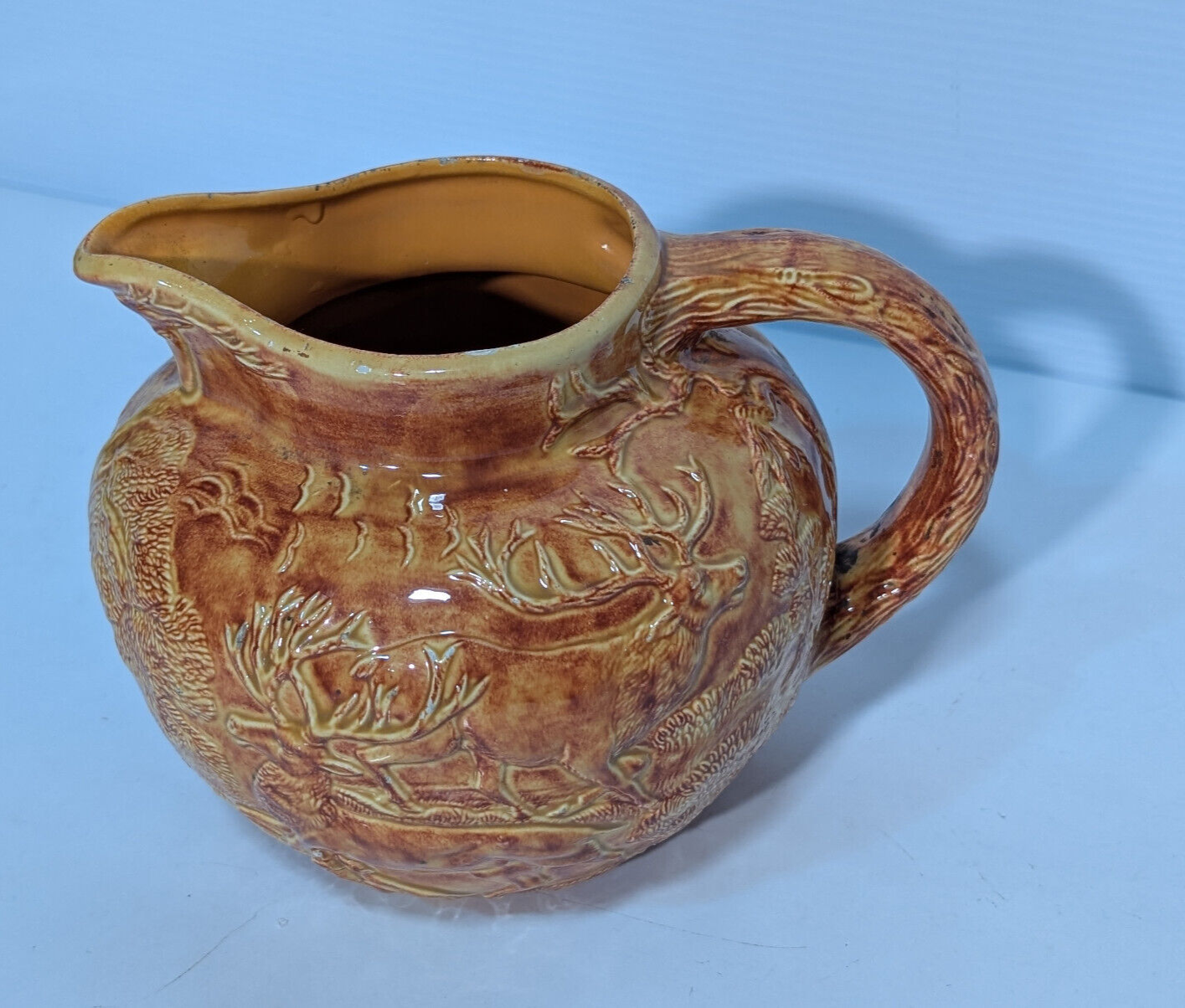 Vintage Brown Glazed Pottery Pitcher Elk, Deer, Buck, Hunters, Forest Wood Scene