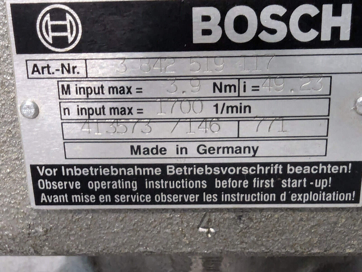 Bosch 3-842-519-117 Gear Box, 1700 rpm, 3.9 Nm -Made in Germany- Free Shipping