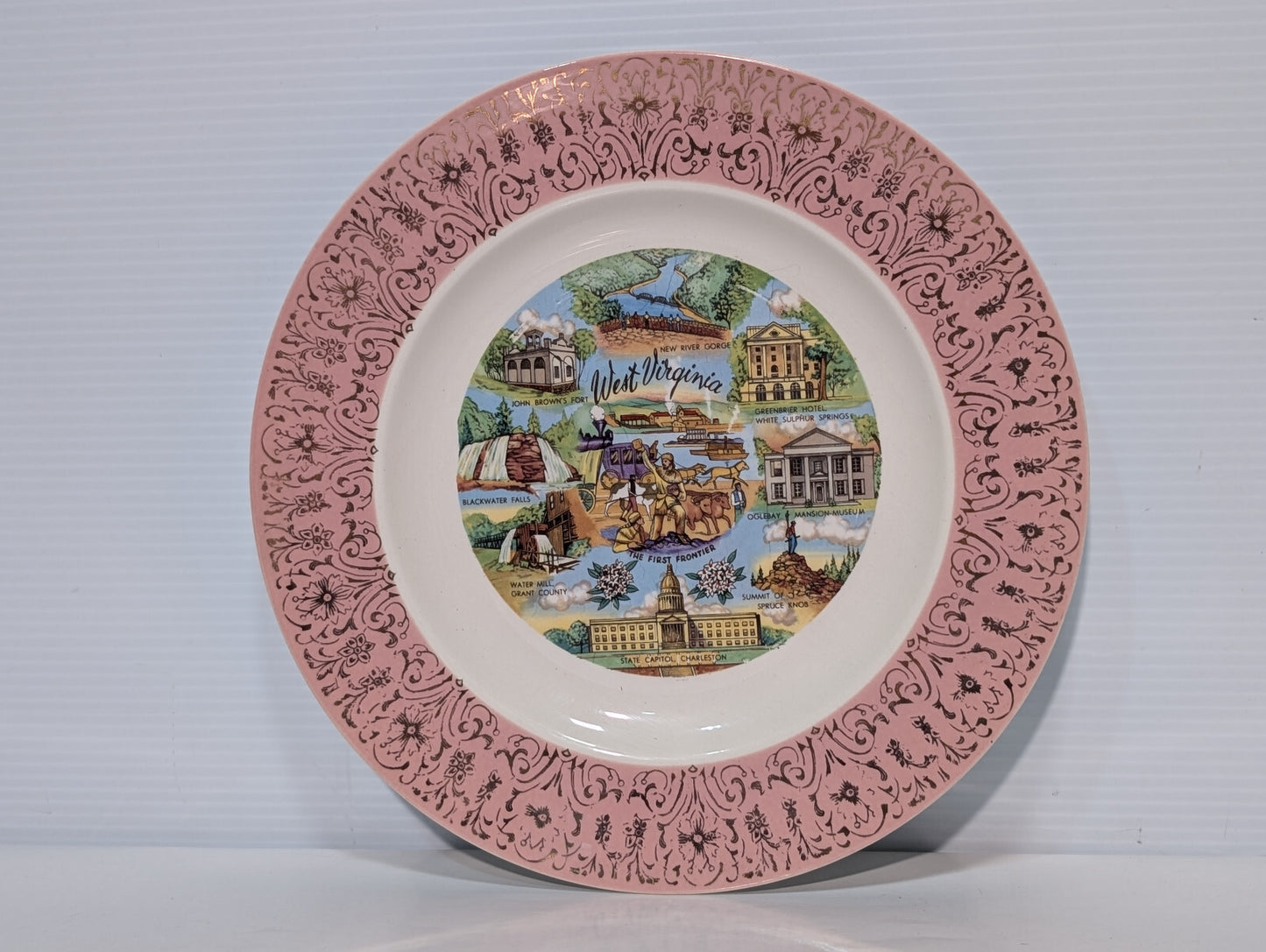 Vintage West Virginia "The First Frontier" 10" Collectable Souvenier Plate Gold