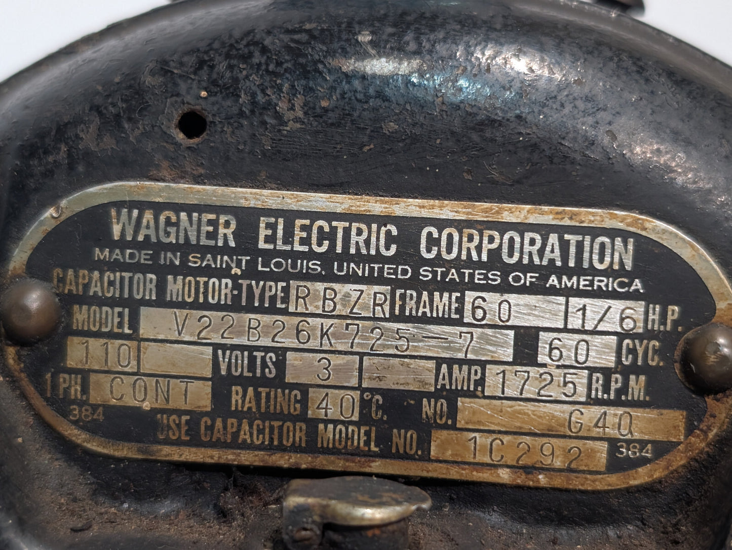 Wagner Electric V22B26K725-7 Type RBZR Capacitor Motor 1/6HP 1PH 110V 1725RPM