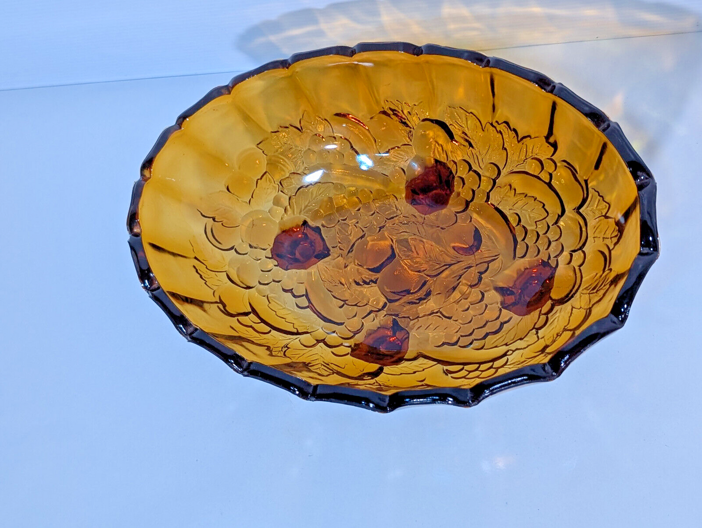 Vintage Antique Amber Gold Indiana Glass Scalloped Footed Fruit Bowl 12"